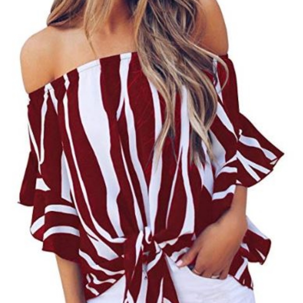 Women's Striped Off Shoulder Bell Sleeve Shirt Tie